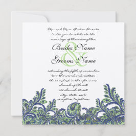 Royal Blue & Green Paisley Peacock Wedding Invite Kaart
