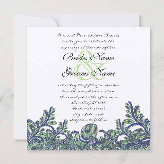 Royal Blue & Green Paisley Peacock Wedding Invite Kaart (Voorkant)