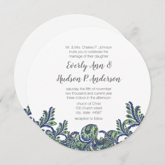 Royal Blue & Green Paisley Peacock Wedding Invite Kaart (Voorkant / Achterkant)