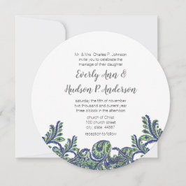 Royal Blue & Green Paisley Peacock Wedding Invite Kaart