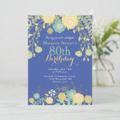 Royal Blue Green Yellow Floral 80e verjaardag Kaart (Staand voorkant)