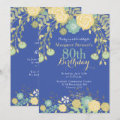 Royal Blue Green Yellow Floral 80e verjaardag Kaart (Voorkant / Achterkant)