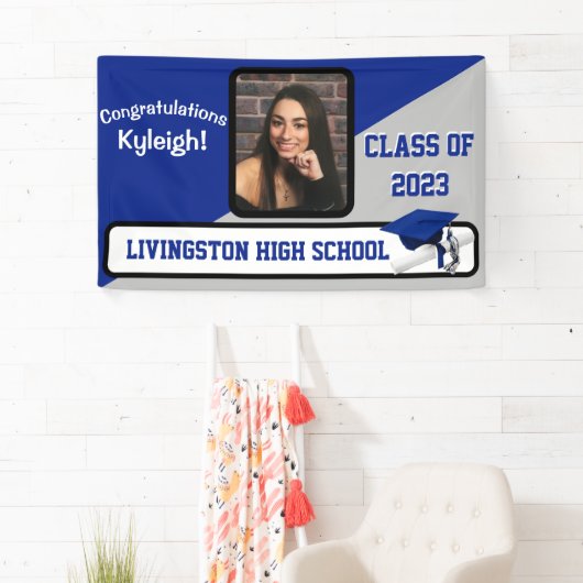 Royal Blue, Grey & White Afstuderen Spandoek (Insitu)