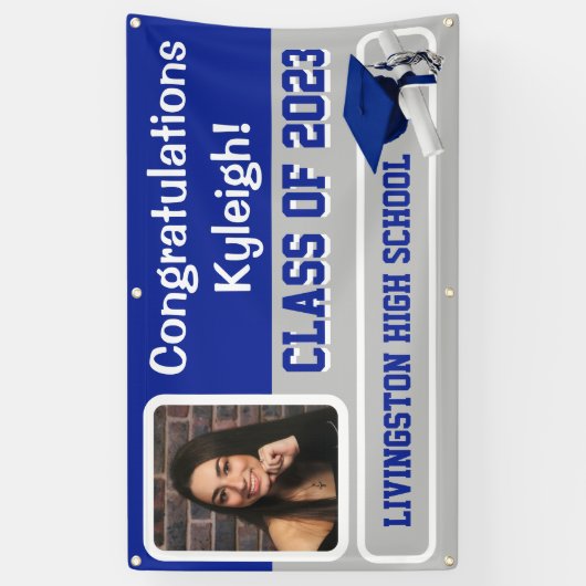 Royal Blue, Grey & White Vinyl Afstuderen Spandoek (Verticaal)