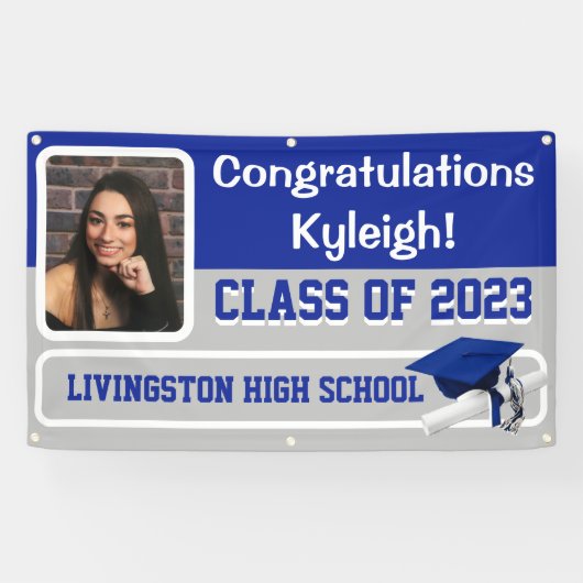 Royal Blue, Grey & White Vinyl Afstuderen Spandoek (Horizontaal)