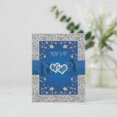 Royal Blue, Grijs Liefde Harten Bruiloft RSVP Kaar (Staand voorkant)