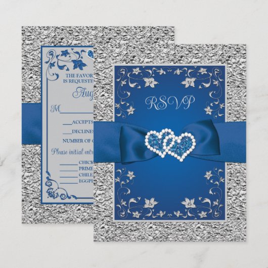Royal Blue, Grijs Liefde Harten Bruiloft RSVP Kaar (Voorkant / Achterkant)