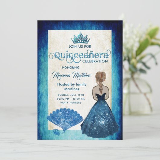 Royal blue  hand fan tiara Quince Kaart (Staand voorkant)