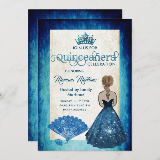 Royal blue  hand fan tiara Quince Kaart (Voorkant / Achterkant)