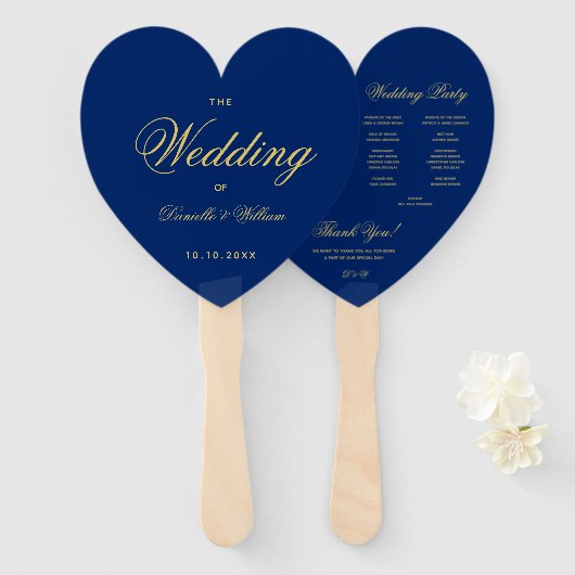 Royal Blue Heart Golden Script Trouwprogramma Handwaaier (Voorkant en achterkant)