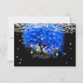 Royal Blue Heart Leaf Tree op Black Wedding RSVP Kaartje (Achterkant)