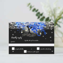 Royal Blue Heart Leaf Tree op Black Wedding RSVP Kaartje