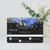 Royal Blue Heart Leaf Tree op Black Wedding RSVP Kaartje (Staand voorkant)