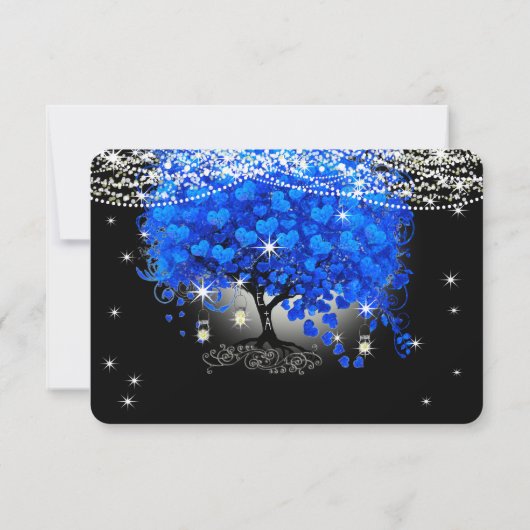 Royal Blue Heart Leaf Tree op Black Wedding RSVP Kaartje (Achterkant)