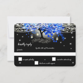 Royal Blue Heart Leaf Tree op Black Wedding RSVP Kaartje