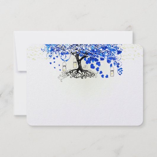 Royal Blue Heart Leaf Tree op Black Wedding RSVP Kaartje (Achterkant)