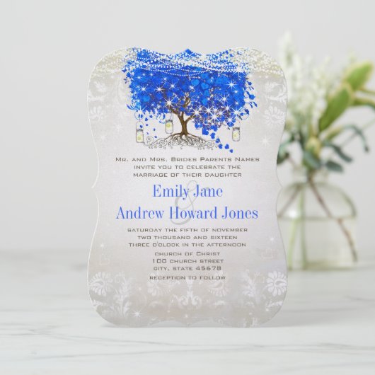 Royal Blue Heart Leaf Tree Weddenschap Fairytale Kaart (Staand voorkant)
