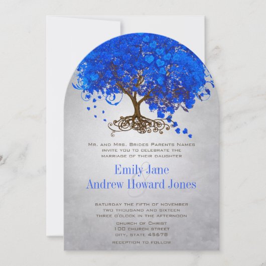 Royal Blue Heart Leaf Tree Wedding Invitations Kaart (Voorkant)