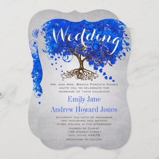 Royal Blue Heart Leaf Tree Wedding Invites Kaart (Voorkant / Achterkant)