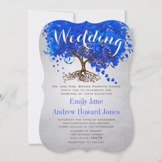Royal Blue Heart Leaf Tree Wedding Invites Kaart (Voorkant)