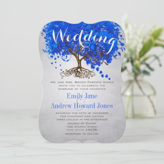 Royal Blue Heart Leaf Tree Wedding Invites Kaart (Staand voorkant)
