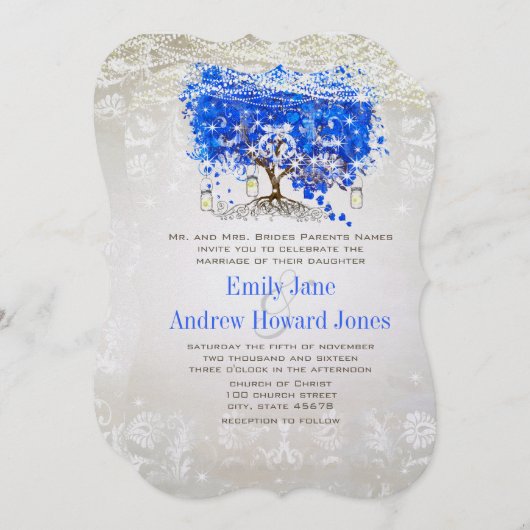 Royal Blue Heart Leaf Tree Wedding Invites Kaart (Voorkant / Achterkant)