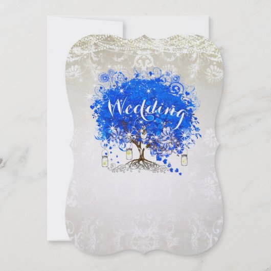 Royal Blue Heart Leaf Tree Wedding Invites Kaart (Achterkant)