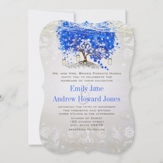 Royal Blue Heart Leaf Tree Wedding Invites Kaart (Voorkant)