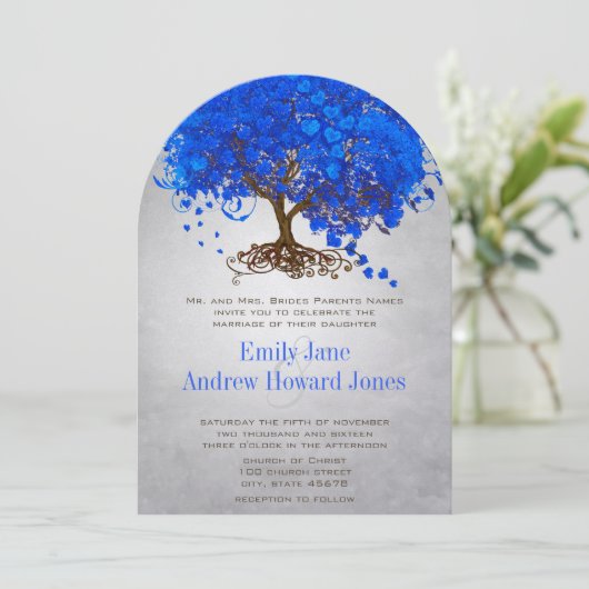 Royal Blue Heart Leaf Tree Wedding Invites Kaart (Staand voorkant)