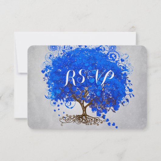 Royal Blue Heart Leaf Tree Wedding Invites Kaart (Achterkant)