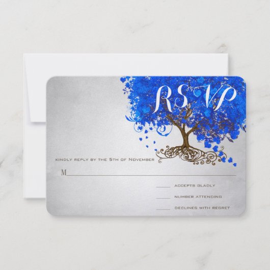 Royal Blue Heart Leaf Tree Wedding Invites Kaart (Voorkant)