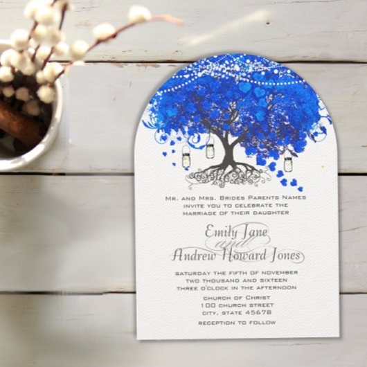 Royal Blue Heart Leaf Tree Wedding Kaart