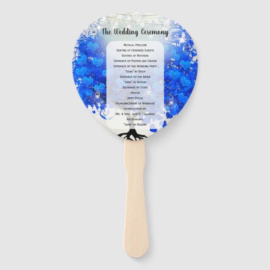 Royal Blue Heart Leaf Tree Wedding Programme Fan Handwaaier (Voorkant)