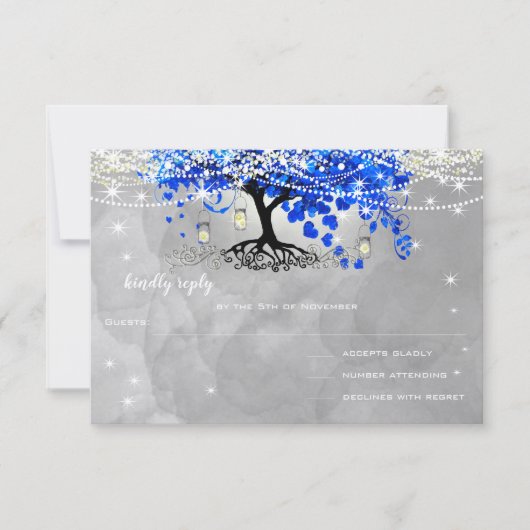 Royal Blue Heart Leaf Tree Wedding RSVP (Voorkant)