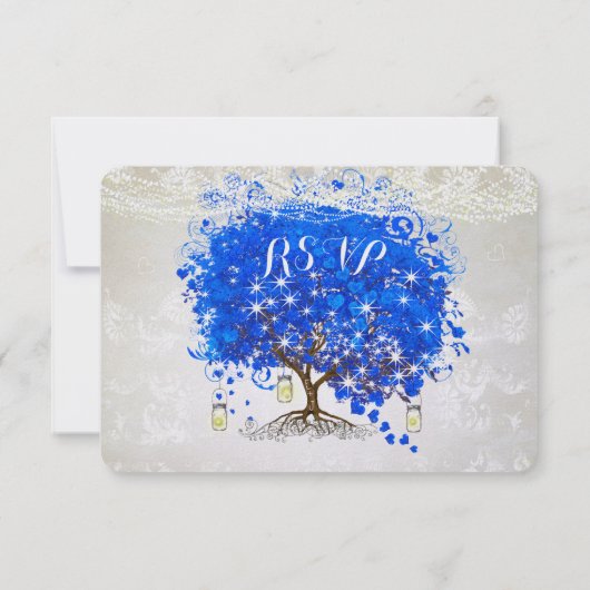 Royal Blue Heart Leaf Tree Wedding RSVP (Achterkant)