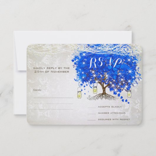 Royal Blue Heart Leaf Tree Wedding RSVP (Voorkant)