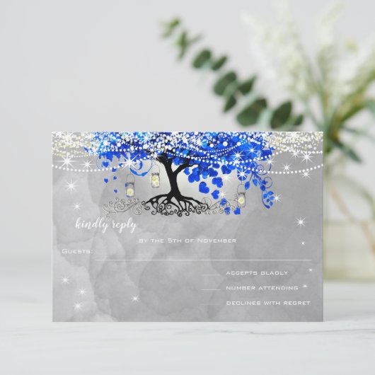 Royal Blue Heart Leaf Tree Wedding RSVP Kaartje (Staand voorkant)
