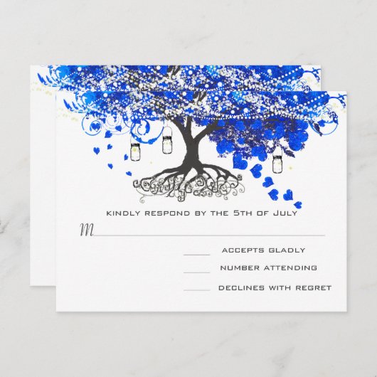 Royal Blue Heart Leaf Tree Wedding Uitnodiging Briefkaart (Voorkant / Achterkant)
