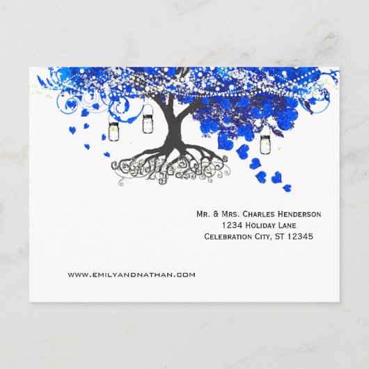 Royal Blue Heart Leaf Tree Wedding Uitnodiging Briefkaart (Achterkant)