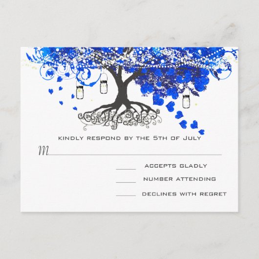 Royal Blue Heart Leaf Tree Wedding Uitnodiging Briefkaart (Voorkant)