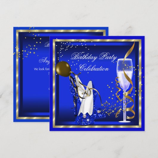 Royal Blue Heels Gold Glitter Birthday Party Kaart (Voorkant / Achterkant)
