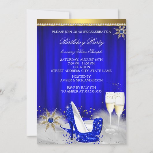 Royal Blue High Heels Snowflake Gold Champagne Kaart (Voorkant)
