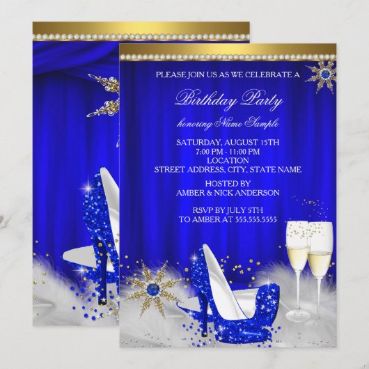 Royal Blue High Heels Snowflake Gold Champagne Kaart (Voorkant / Achterkant)