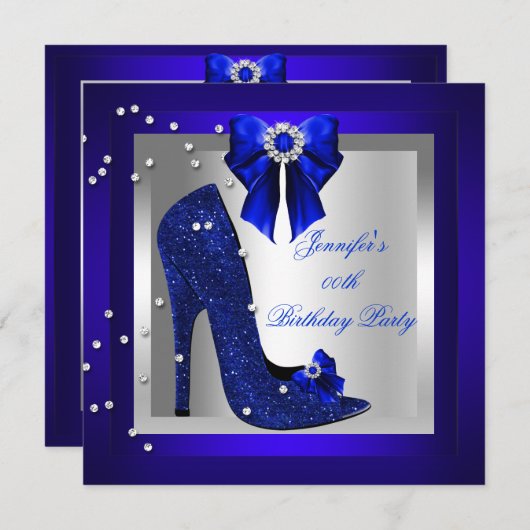 Royal Blue High Hiel Silver Birthday Party Kaart (Voorkant / Achterkant)