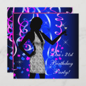 Royal Blue Hot Pink 21st Birthday Party Kaart (Voorkant / Achterkant)