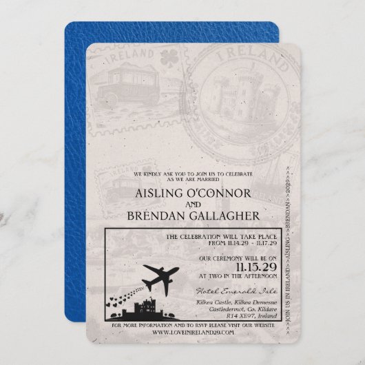 Royal Blue Ireland Passport Wedding Invitation Kaart (Voorkant / Achterkant)