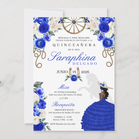 Royal Blue & Ivoor Rozen Western Quinceañera Kaart (Voorkant)