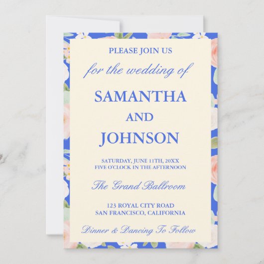 Royal Blue Ivory Floral Monogram Photo Wedding Kaart (Voorkant)