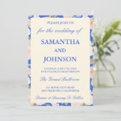 Royal Blue Ivory Floral Monogram Photo Wedding Kaart (Staand voorkant)