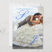 Royal Blue Ivory Floral Monogram Photo Wedding Kaart (Achterkant)